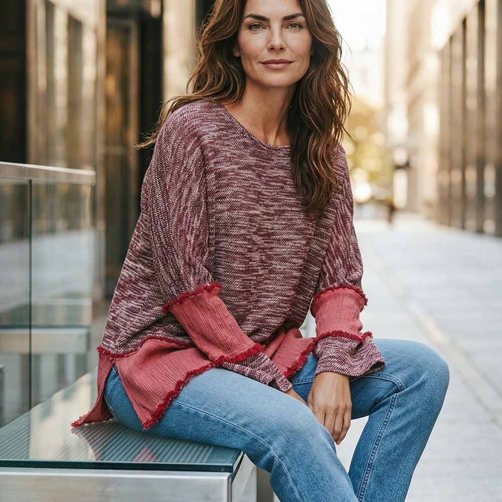 Casual Two-Tone Marled Sweater with Pink Ruffle Details